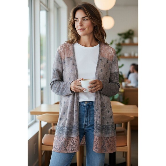 Multiples Sweaters - Multiples Lace Trim Cardigan Large Lightweight Open Front Duster Taupe